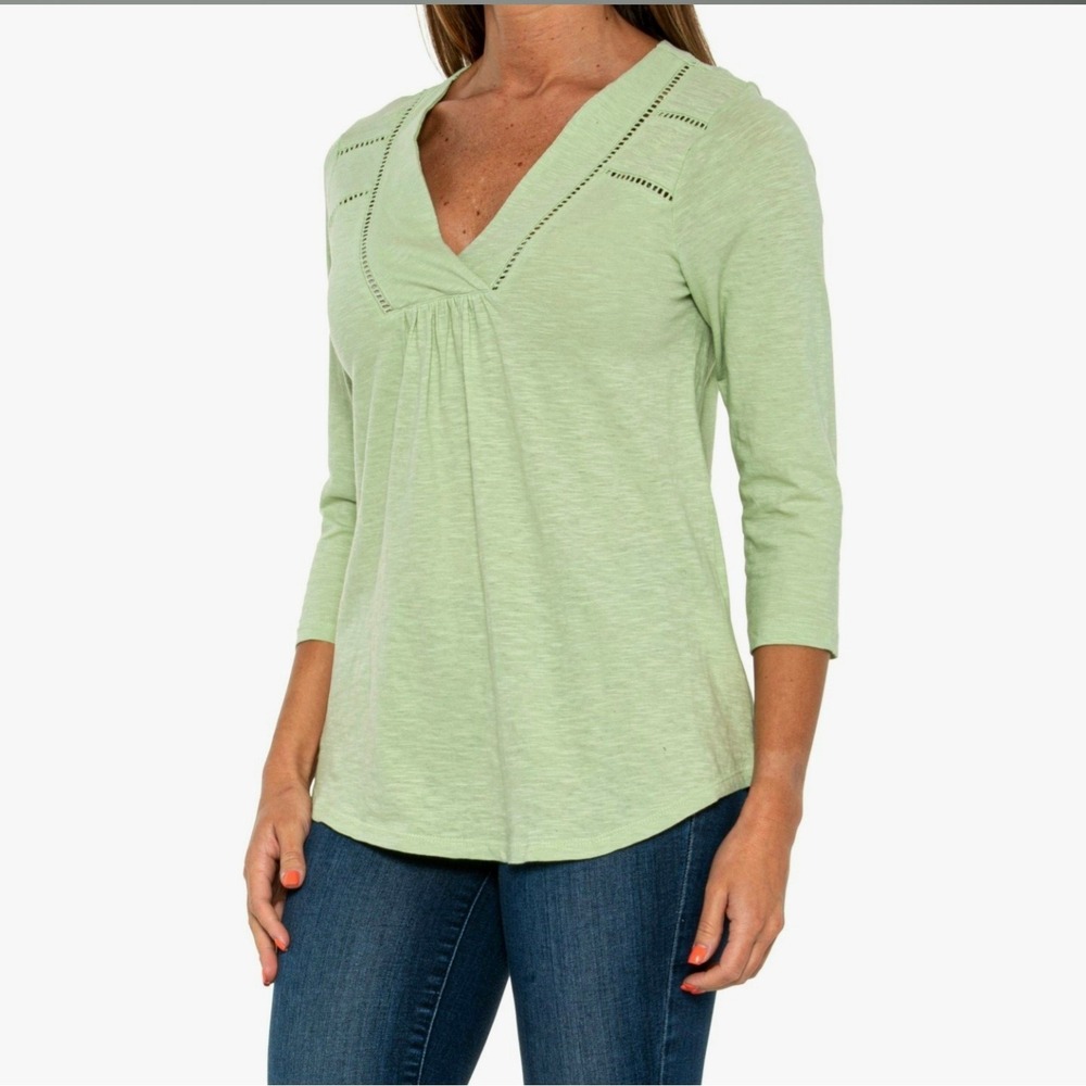 North River Outfitters 3/4 Sleeve Slub Top Pullover Shirt V-neck Sz XL‎ Green